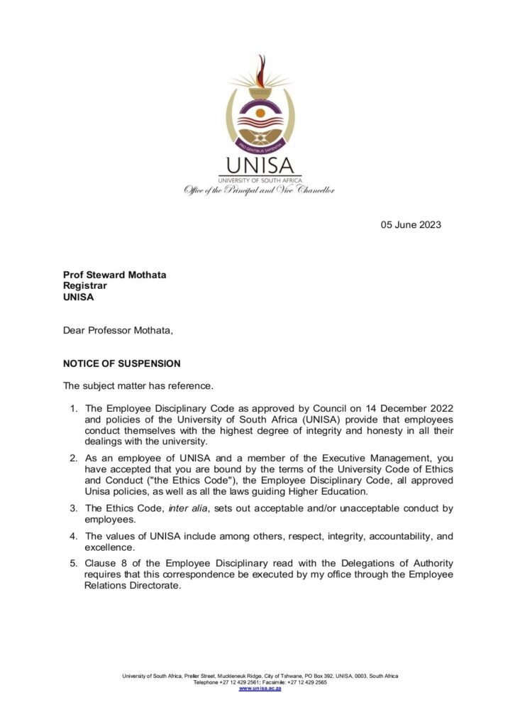 Unisa confirms suspension of Registrar