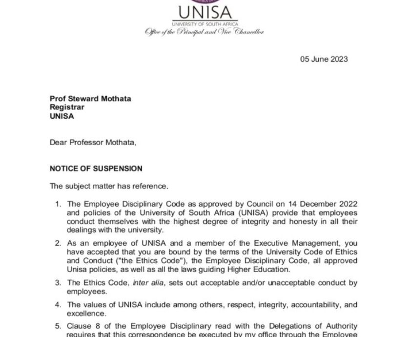 Unisa confirms suspension of Registrar