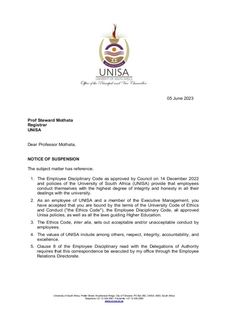 Unisa confirms suspension of Registrar